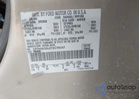 2000 Ford F-250 Lariat/Xl/Xlt из США, поврежденный, VIN 1FTNW20L0YEC98347